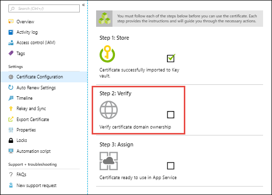 Screenshot des Bereichs „Zertifikatkonfiguration“ mit ausgewählter Option „Schritt 2: Überprüfen“.