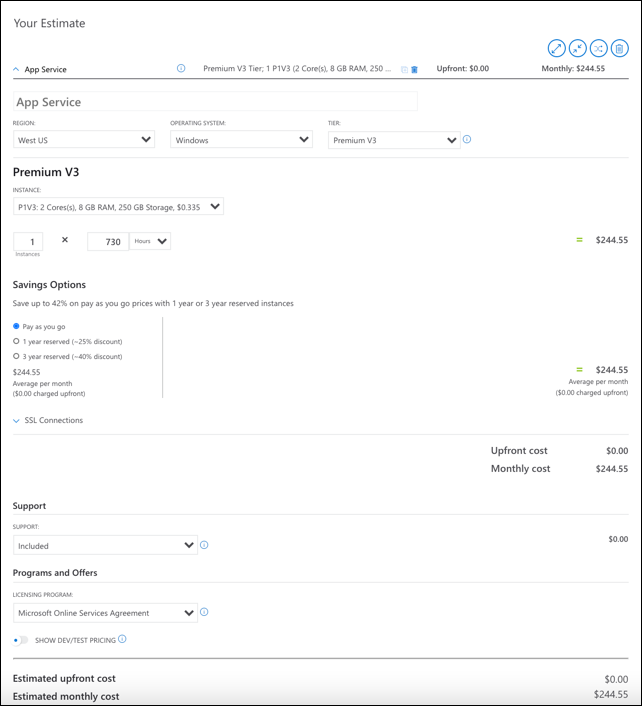 Beispiel für die geschätzten Kosten im Azure-Preisrechner