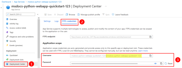 Screenshot: Position der Anmeldeinformationen für die Bereitstellung im Azure-Portal