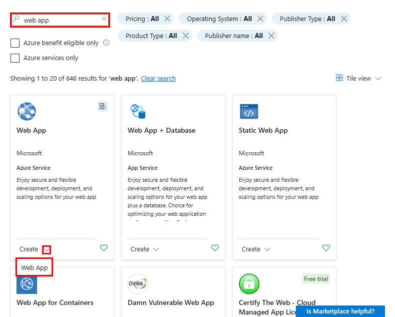 Screenshot: Azure Marketplace-Seite, auf der nach der Web-App gesucht und auf die Schaltfläche zum Erstellen der Web-App geklickt wird