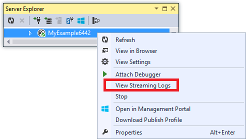Screenshot von Server-Explorer nach dem Klicken mit der rechten Maustaste auf Ihre App mit ausgewählter Option „Streamingprotokolle anzeigen“ in einem neuen Fenster