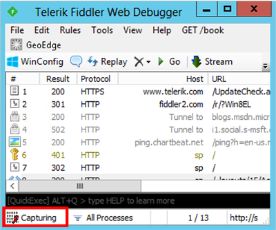 Ein Screenshot, der den Fiddler-Webdebugger mit hervorgehobenem Erfassungsindikator zeigt.