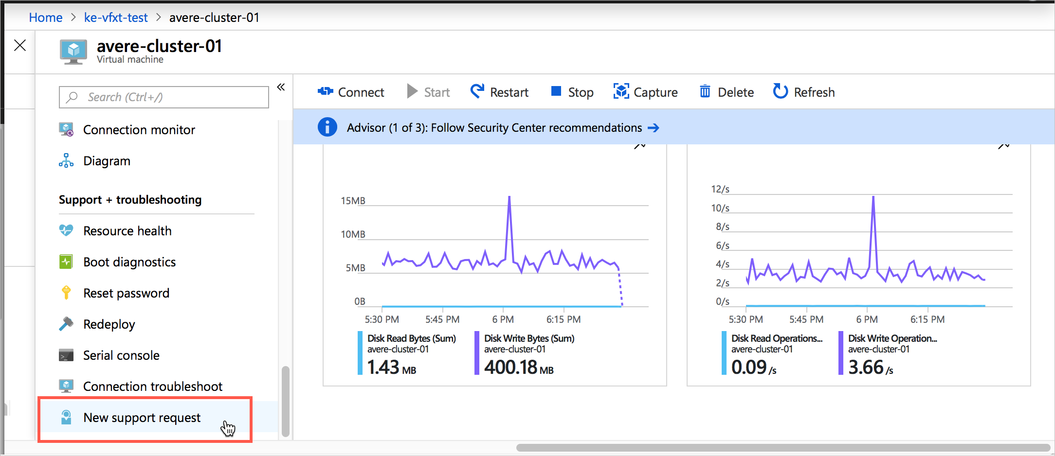 Screenshot des Azure-Portalseite für virtuelle Computer für den virtuellen Computer aus dem vorherigen Screenshot. Unterer Rand des linken Menüs wird angezeigt und „Neue Supportanfrage“ ist eingekreist.