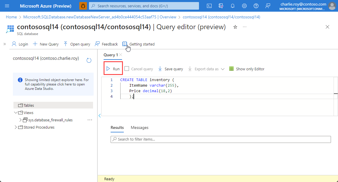 Screenshot: Erstellung einer Tabelle im Abfrage-Editor einer Azure SQL-Ressource