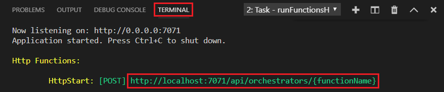 Screenshot des Panels „TERMINAL“ in Visual Studio Code Das Terminal zeigt die Ausgabe für die lokale Ausführung einer Durable Functions-App an.