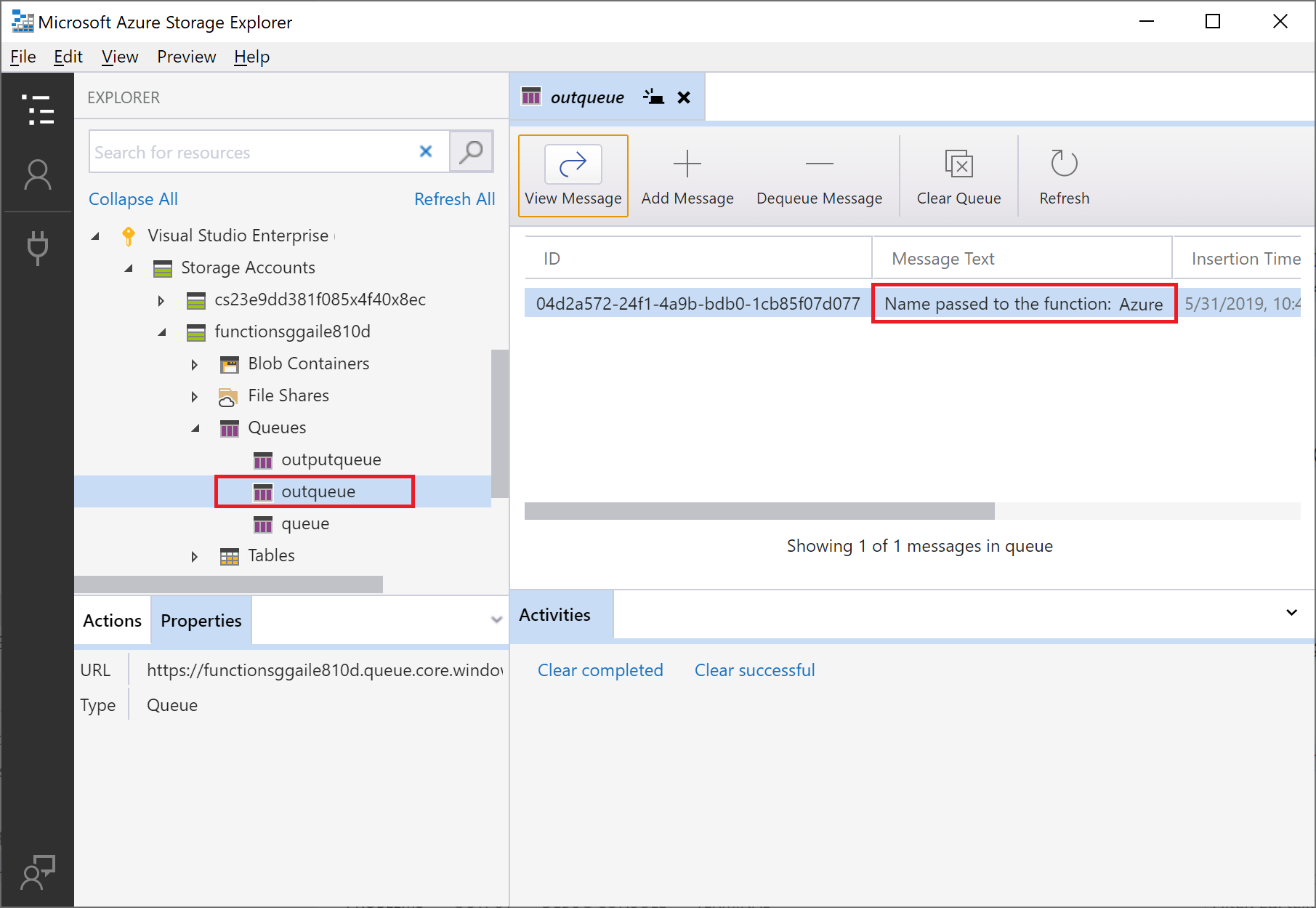 Screenshot: In Azure Storage-Explorer angezeigte Warteschlangennachricht.