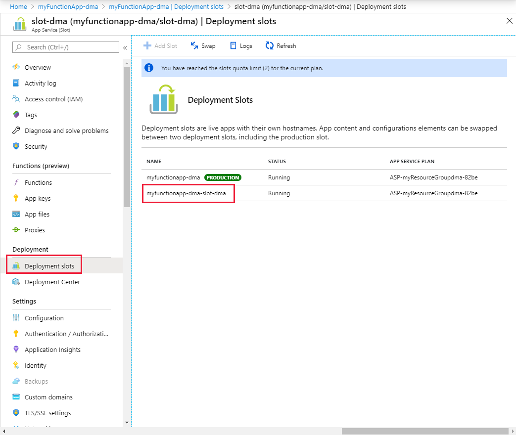 Suchen Sie im Azure-Portal nach Slots.