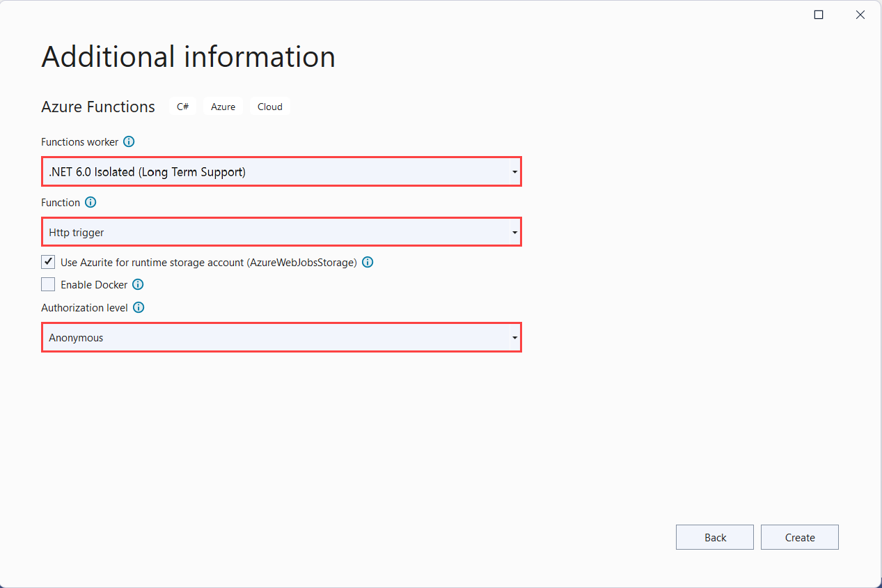 Screenshot der Azure Functions-Projekteinstellungen