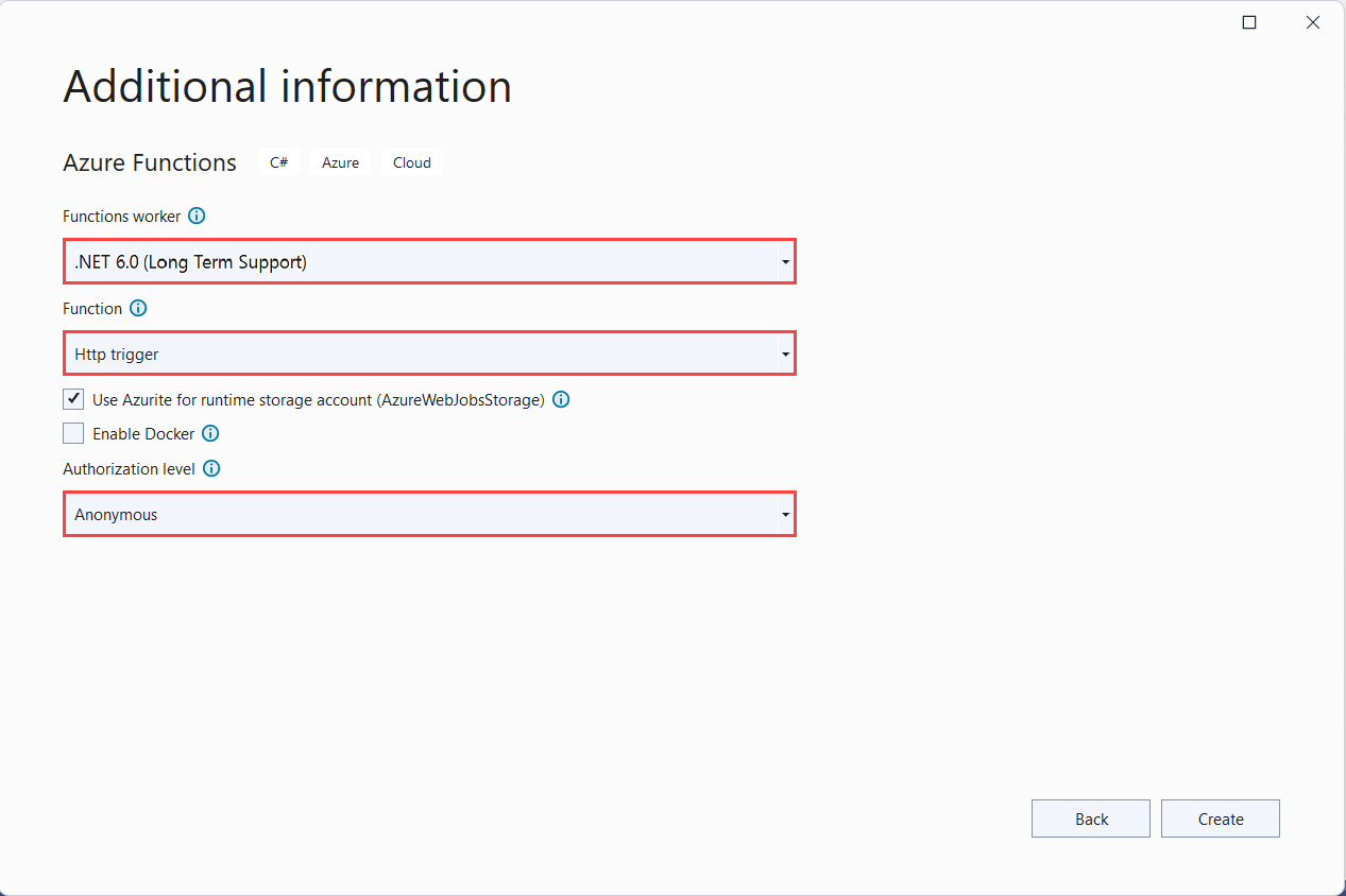 Screenshot der Azure Functions-Projekteinstellungen