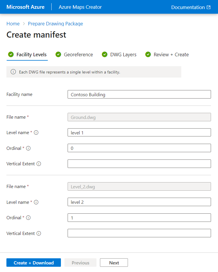 Der Screenshot zeigt die Registerkarte „Gebäudeebenen“ des Onboarding-Tools für Azure Maps Creator.