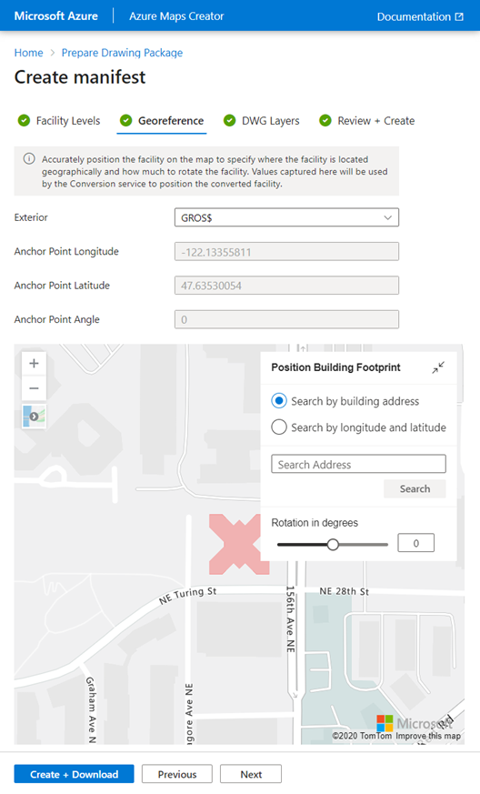 Der Screenshot zeigt die Standardeinstellungen auf der Registerkarte „Georeferenz“ des Onboarding-Tools für Azure Maps Creator. Die Standardeinstellungen sind null für alle Ankerpunkte, einschließlich Längengrad, Breitengrad und Winkel.