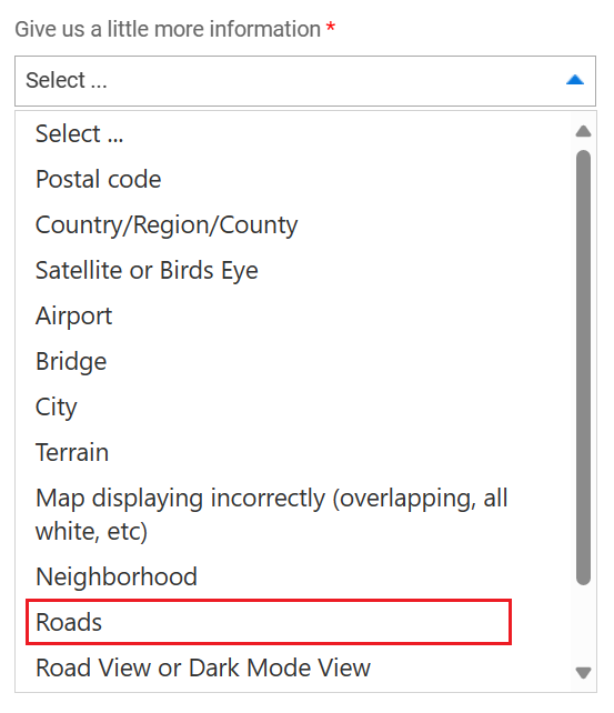 Screenshot : Elemente in der Dropdownliste „Geben Sie uns bitte mehr Informationen“ mit hervorgehobener Option „Straßen“