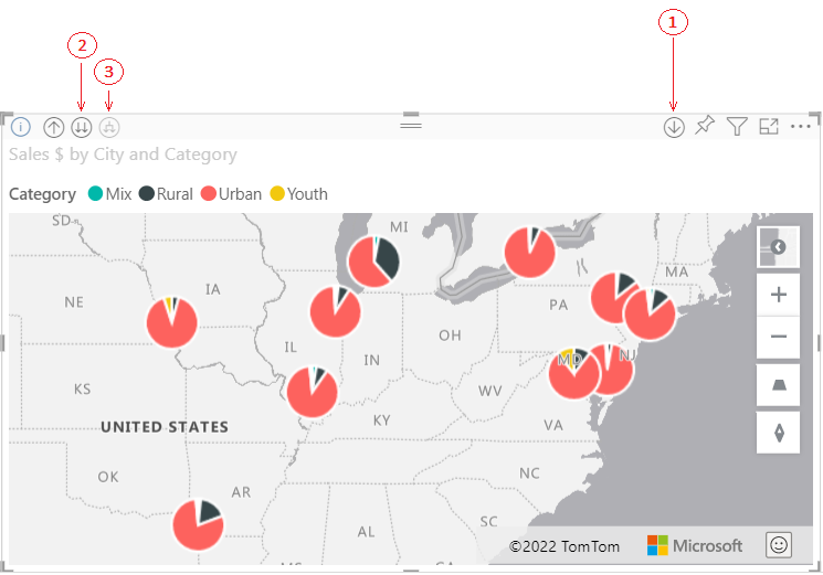 Screenshot der Drilldownschaltflächen in Power BI Desktop