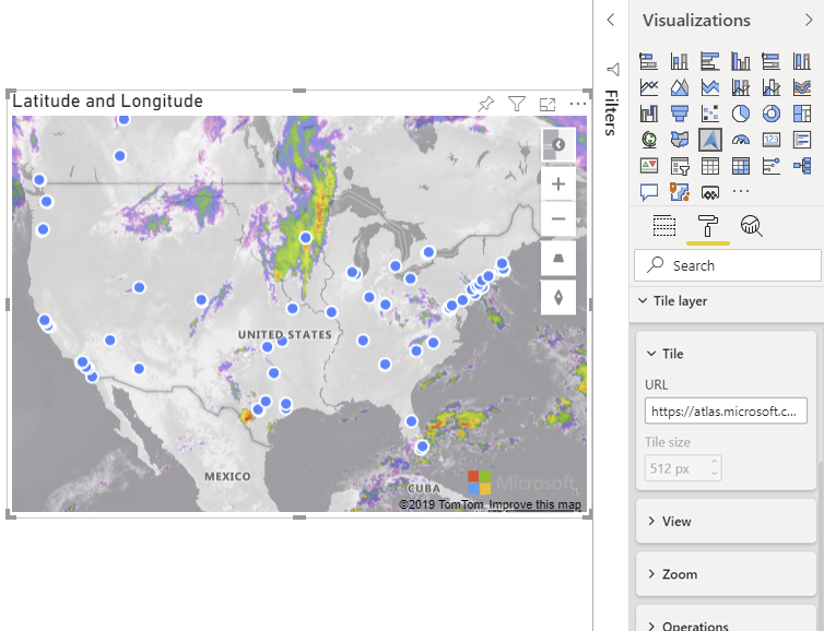 Karte mit einer Blasenebene über einer Kachelebene mit aktuellen Infrarotwetterdaten aus Azure Maps