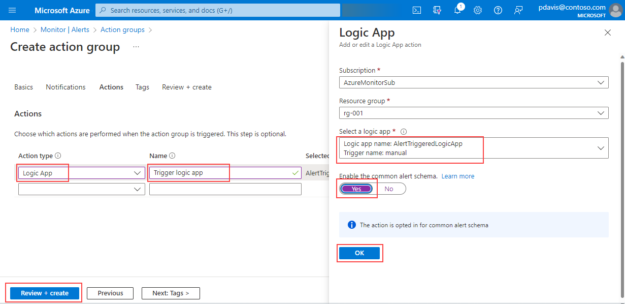 Screenshot: Registerkarte „Aktionen“ auf der Seite „Aktionsgruppe erstellen“ und dem Bereich „Logik-App“