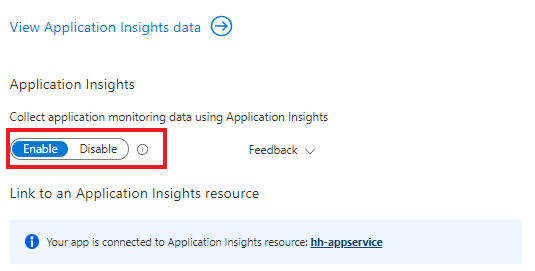 Der Screenshot zeigt das Aktivieren von Application Insights in Ihrer App.