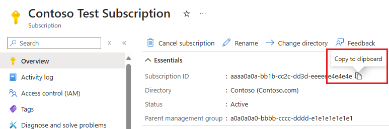 Screenshot: Option zum Kopieren einer Abonnement-ID im Azure-Portal