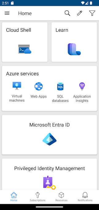 Screenshot: Startseite der mobilen Azure-App mit der Karte „Cloud Shell“