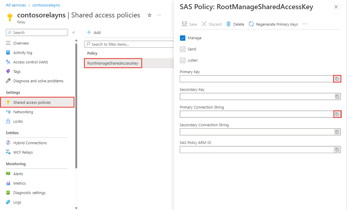 Screenshot: Verbindungsinformationen für den Relay-Namespace