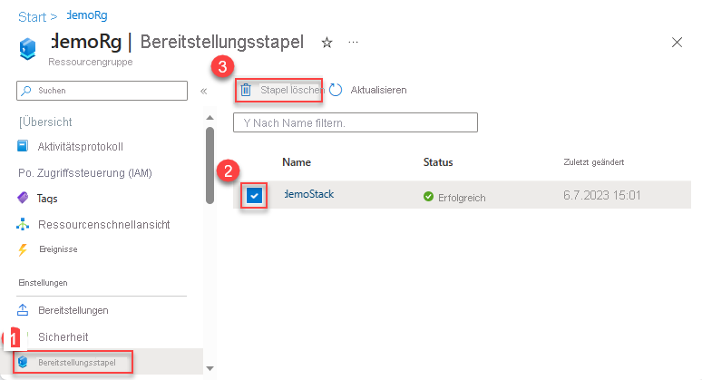 Screenshot des Löschens der Bereitstellungsstapel im Ressourcengruppenbereich.