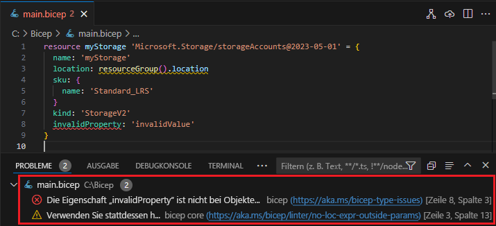 Screenshot des Visual Studio Code Bicep-Problembereichs