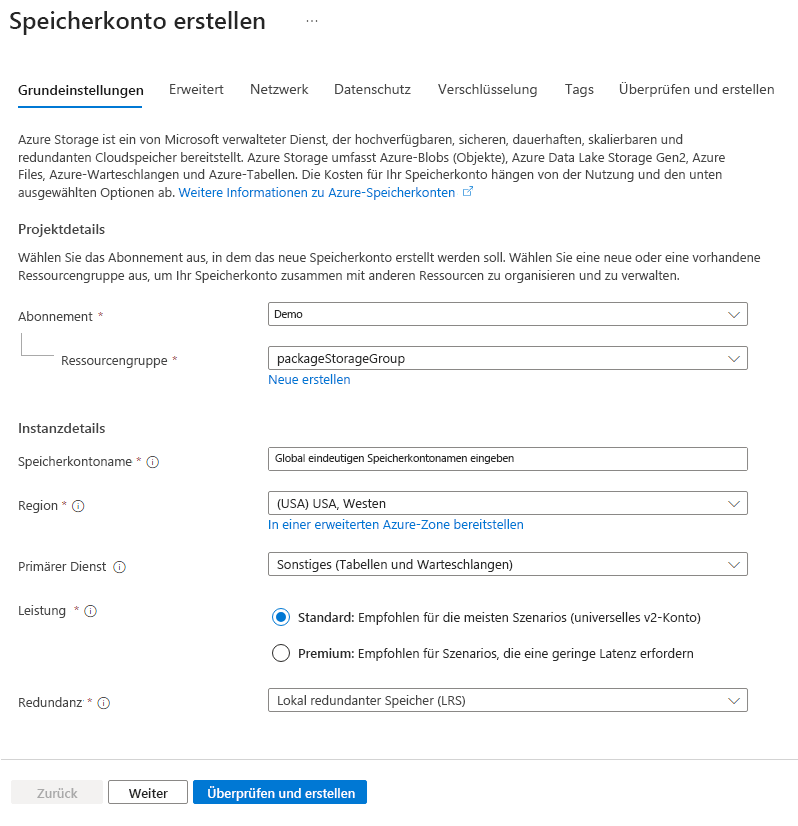 Screenshot der Registerkarte „Grundlagen“ im Azure-Formular zum Erstellen eines Speicherkontos.