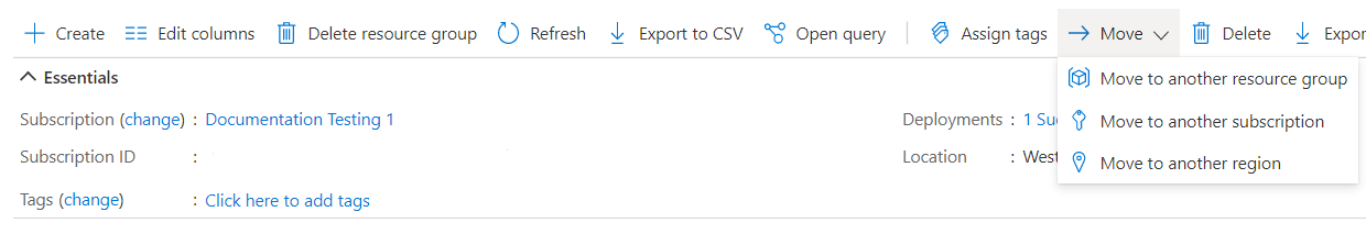 Screenshot: Azure-Portal mit der Schaltfläche „Verschieben“ mit drei Optionen.