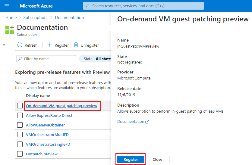 Screenshot: Schaltfläche „Registrieren“ für eine Previewfunktion im Azure-Portal.