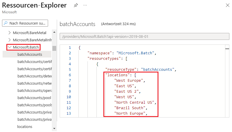 Screenshot: Anzeigen von gültigen Standorten für einen Ressourcentyp im Azure-Ressourcen-Explorer