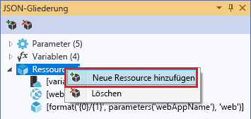 Screenshot des Fensters „JSON-Gliederung“, in dem die Option „Neue Ressource hinzufügen“ hervorgehoben ist.