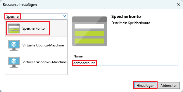 Screenshot des Fensters „Neue Ressource hinzufügen“ mit ausgewähltem Speicherkonto.