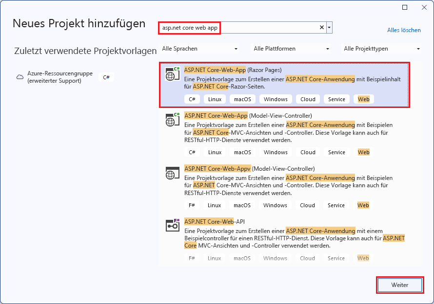 Screenshot des Fensters „Neues Projekt“ mit ausgewählter ASP.NET Core-Webanwendung.