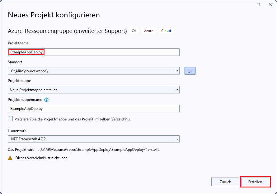 Screenshot des Fensters „Projekt benennen“ in Visual Studio.