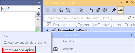 Screenshot des Kontextmenüs des Bereitstellungsprojekts mit den Optionen „Bereitstellen“ und der vorgängig verwendeten Ressourcengruppe hervorgehoben.