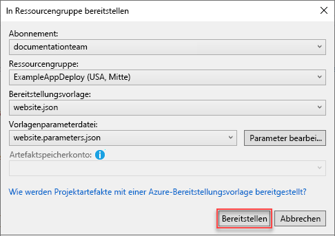 Screenshot des Dialogfelds „In Ressourcengruppe bereitstellen“ in Visual Studio.