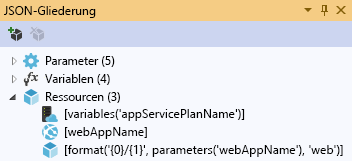 Screenshot des Fensters „JSON-Gliederung“ in Visual Studio für die Resource Manager-Vorlage.