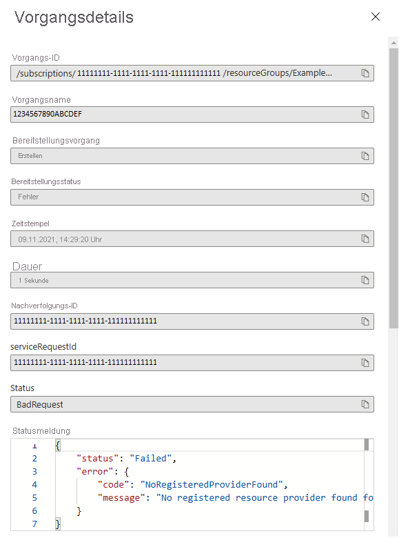 Screenshot der Vorgangsdetails der fehlerhaften Bereitstellung.
