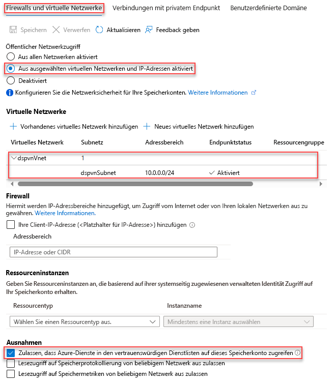 Screenshot der Konfiguration eines Speicherkontos für den Zugriff auf ein privates Netzwerk.