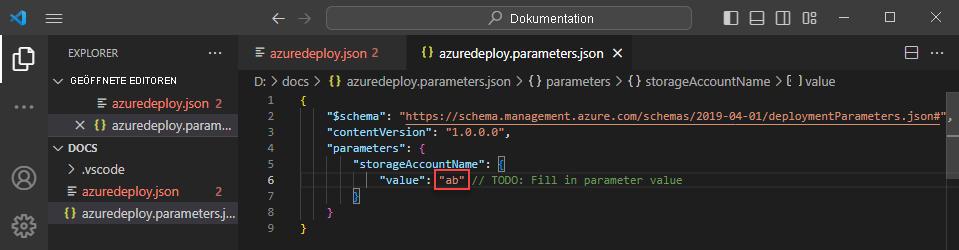 Screenshot: Ungültige Vorlage aufgrund eines Problems mit der Parameterdatei