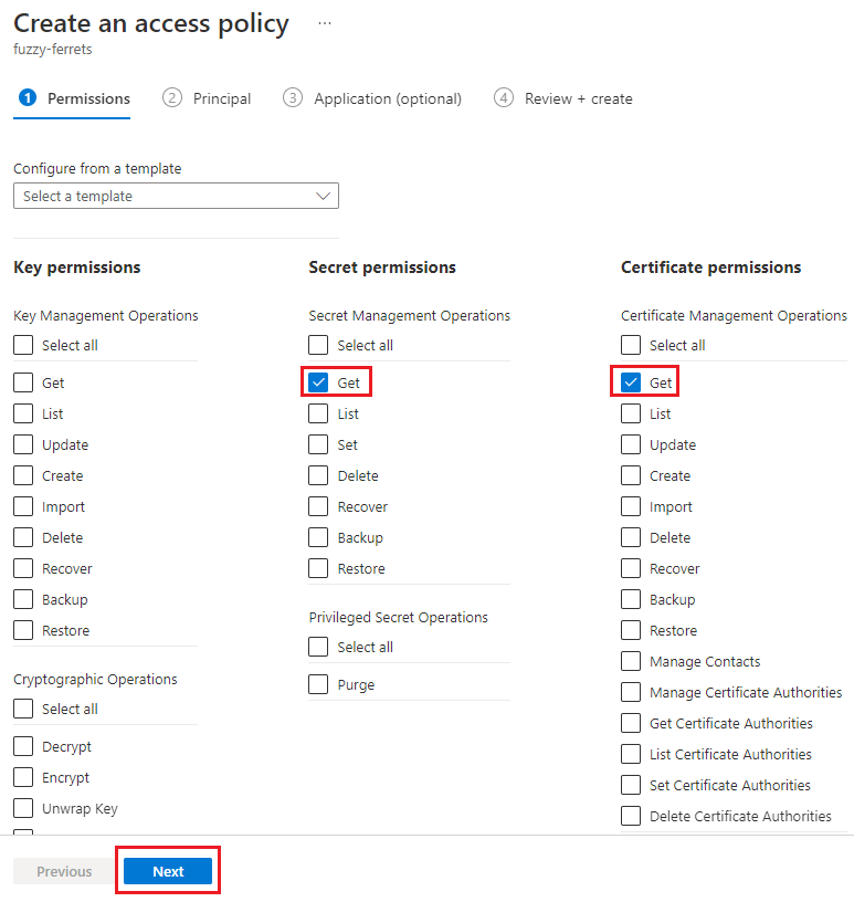 Screenshot der Registerkarte „Berechtigungen“ auf der Key Vault-Seite „Zugriffsrichtlinie erstellen“.