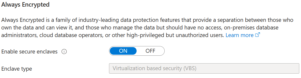 Screenshot; Erstellen einer neuen Datenbank oder eines neuen Pools für elastische Datenbanken mit einer VBS-Enclave