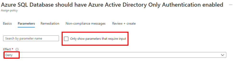 Screenshot: Parameter für Azure Policy-Auswirkung bei reiner Azure AD-Authentifizierung.