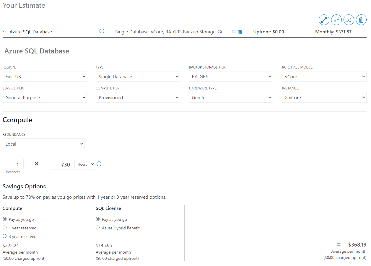 Beispiel für den Azure SQL-Datenbank-Preisrechner