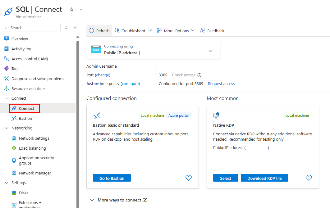 Screenshot des Dialogfelds „Mit VM verbinden“ im Azure-Portal und hervorgehobener Option „RDP-Datei herunterladen“