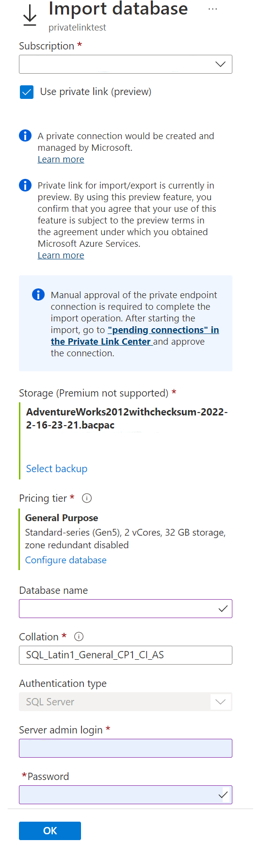 Screenshot des Azure-Portal, der zeigt, wie Sie den Import mit Privaten Link aktivieren