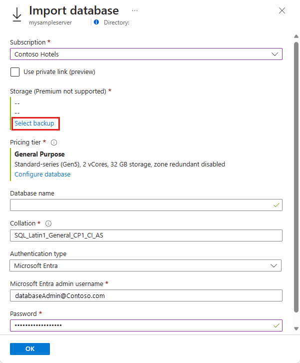 Screenshot der Seite „Datenbankimport“ im Azure-Portal