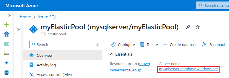 Screenshot zur Auswahl des Servers für den Pool für elastische Datenbanken im Azure-Portal.