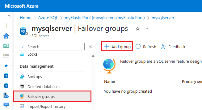 Screenshot: Seite „Failovergruppen“ im Azure-Portal.