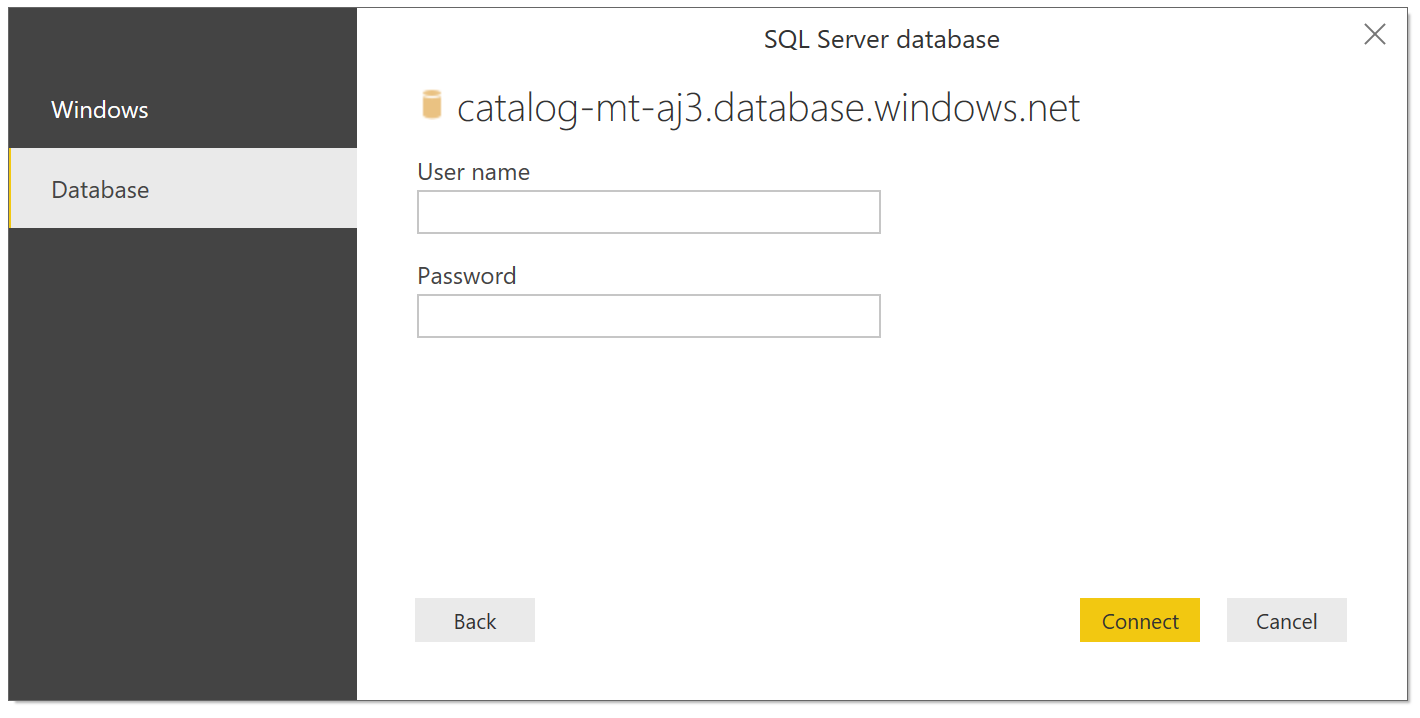 Screenshot: Dialogfeld „SQL Server-Datenbank“, in dem Sie einen Benutzernamen und ein Kennwort eingeben können.