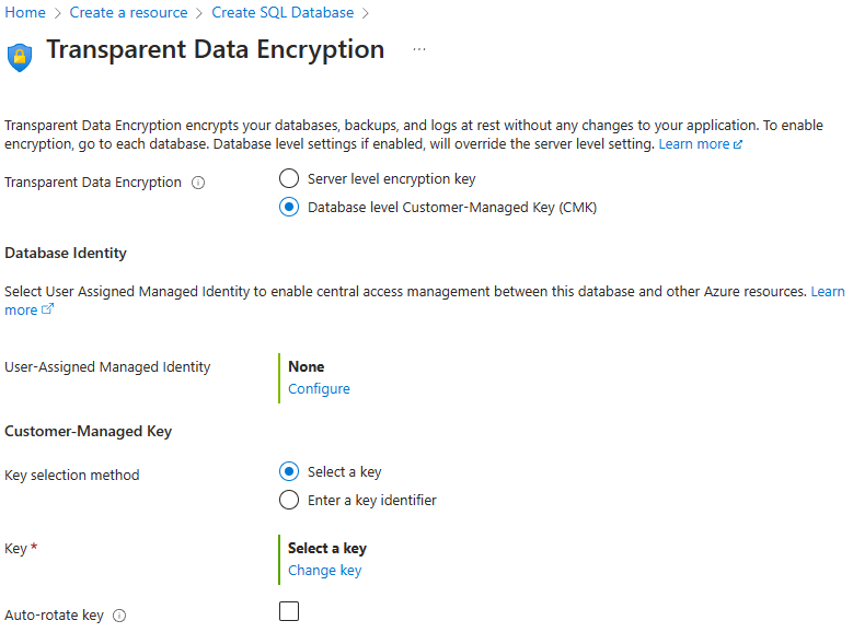 Screenshot zum Konfigurieren von TDE für eine Datenbank in Azure SQL.